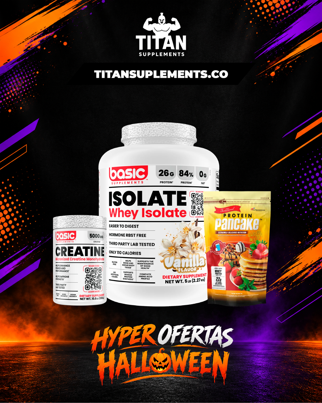 Combo TITAN Isolate Basic 5 lb + Creatina Basic 300 g + Protein Pancake | Hiper ofertas Halloween