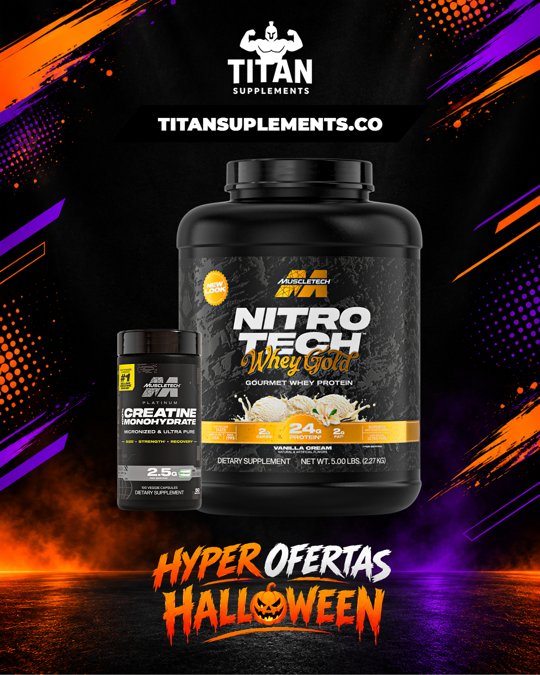 Combo Nitro Tech Whey Gold 5 lb y Creatina Platinum en cápsulas