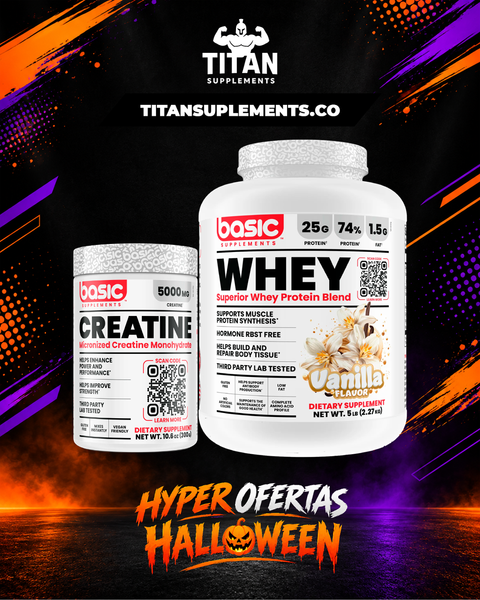 Combo TITAN Basic Whey vainilla 5 lb + Creatina Basic 300 g | Hiper ofertas Halloween